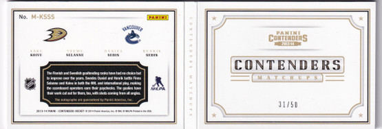 2013-14 Panini Contenders Match Ups Booklet Autographs #MKSSS Teemu Selanne/Saku Koivu/Daniel Sedin/Henrik Sedin/50