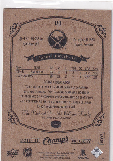  2015-16 Upper Deck Champ's Autographs #178 Linus Ullmark E