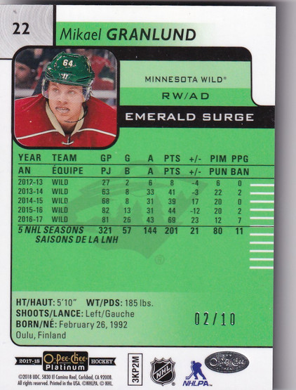  2017-18 O-Pee-Chee Platinum Emerald Surge #22 Mikael Granlund /10