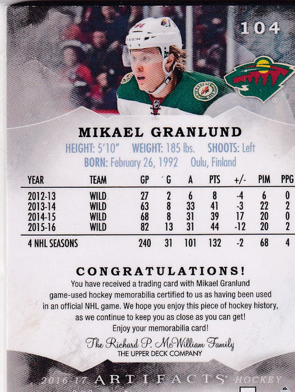  2016-17 Artifacts Materials Gold Spectrum #104 Mikael Granlund /8