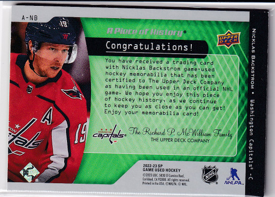  2022-23 SP Game Used A Piece of History #ANB Nicklas Backstrom /99