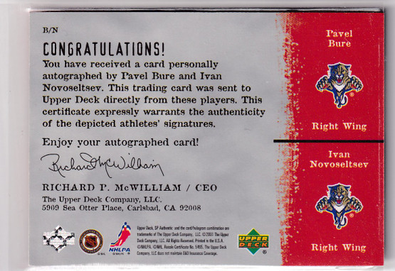  2000-01 SP Authentic Sign of the Times #DBN Pavel Bure/Ivan Novoseltsev