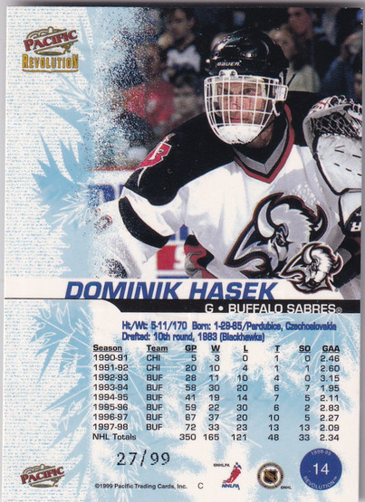  1998-99 Revolution Ice Shadow #14 Dominik Hasek /99