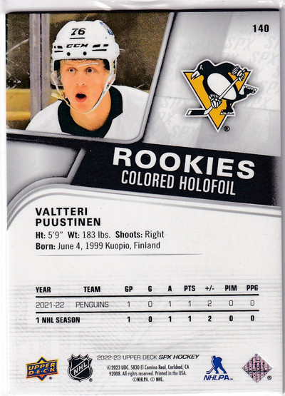  2022-23 SPx Colored HoloFoil #140 Valtteri Puustinen /149