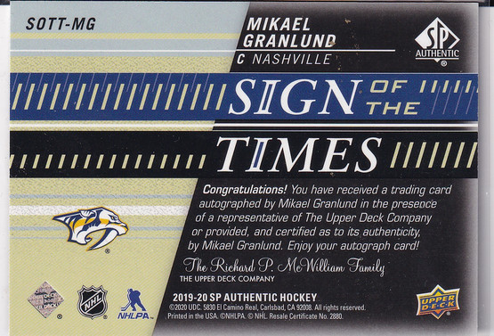  2019-20 SP Authentic Sign of the Times Black Gold Inscription #SOTTMG Mikael Granlund/35Team: Nashville P /35