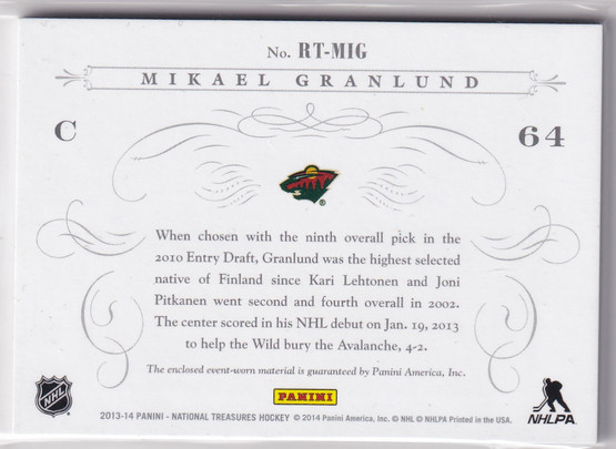  2013-14 Panini National Treasures Rookie Timeline Jerseys Patch  Mikael Granlund/25