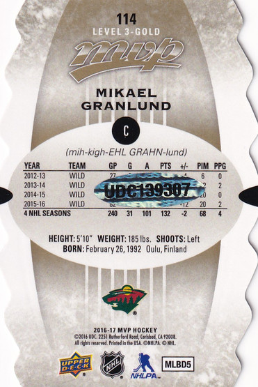  2019-20 Upper Deck Buybacks Autographs '16-17 #114 Mikael Granlund MVP CC L3G/10