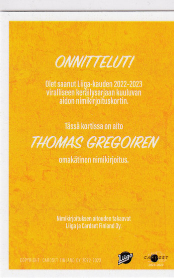 2022-23 Cardset Signature Thomas Gregoire /40
