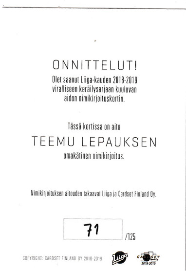 2018-19 Cardset Signature Teemu Lepaus /125