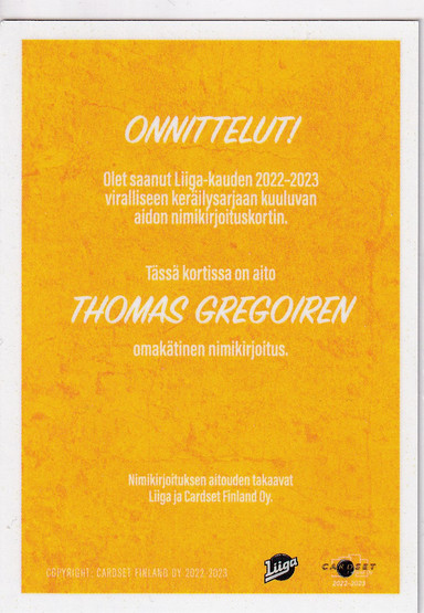 2022-23 Cardset Signature Thomas Gregoire /100