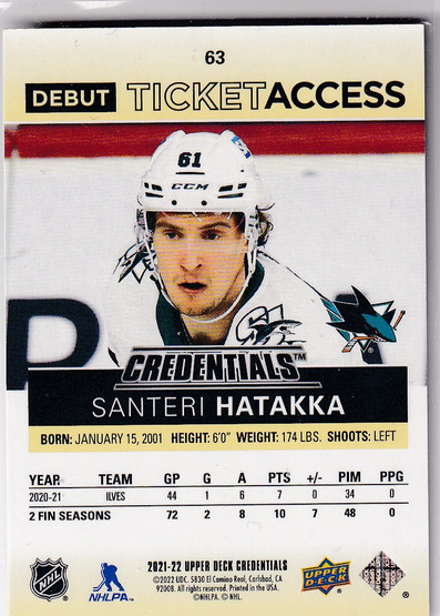 2021-22 Upper Deck Credentials Yellow #63 Santeri Hatakka /249