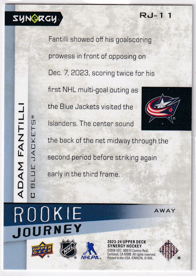  2023-24 Synergy Rookie Journey Away #RJ11 Adam Fantilli /999