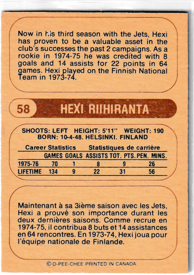 O-PEE-CHEE 1976 WHL WINNIPEG JETS HEXI RIIHIRANTA