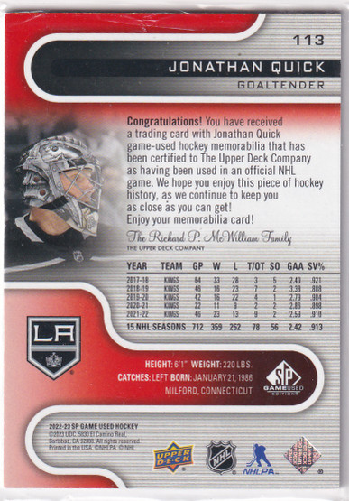  2022-23 SP Game Used Jerseys Red #113 Jonathan Quick