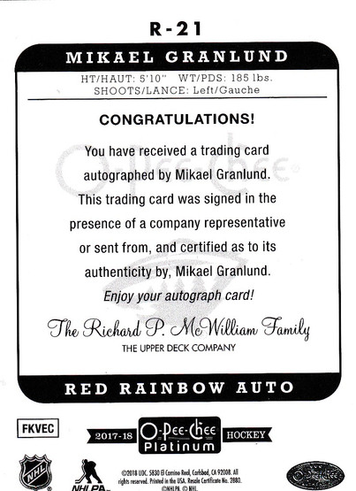  2017-18 O-Pee-Chee Platinum Retro Rainbow Red #R21 Mikael Granlund AU C