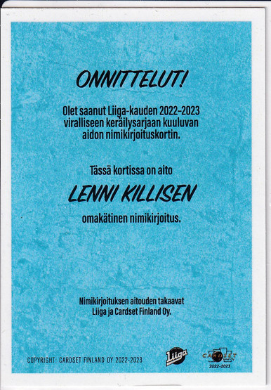 2022-23 Cardset Signature Lenni Killinen/100