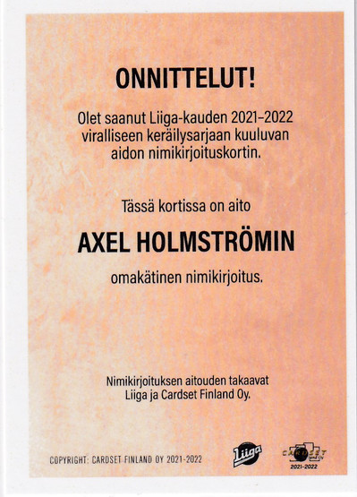 2021-22 Cardset Signature Axel Holmström /125