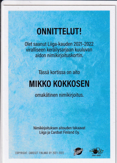2021-22 Cardset Signature Mikko Kokkonen /125 