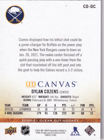 2020-21 Upper Deck Clear Cut Canvas Rookie Debuts #CDDC Dylan Cozens