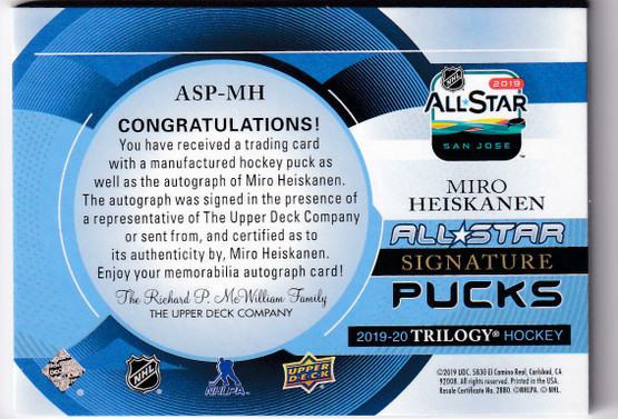  2019-20 Upper Deck Trilogy All Star Signature Pucks Team Logo #ASPMH Miro Heiskanen /8