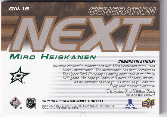  2019-20 Upper Deck Generation Next Jerseys Patch #GN15 Miro Heiskanen /10