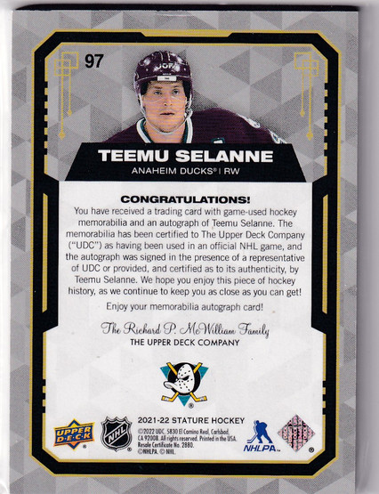  2021-22 Upper Deck Stature Design Variant Material Autographs Red #97 Teemu Selanne /6