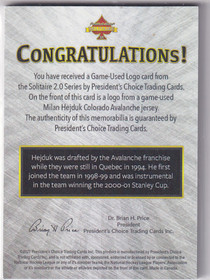President's Choice Solitaire GAME used NHL patch Milan Hejduk 1/1