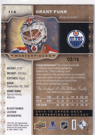  2014-15 UD Masterpieces Autographs Framed Black Leather #114 Grant Fuhr/15