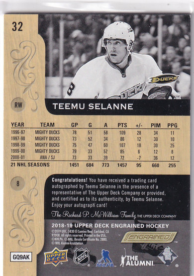  2018-19 Upper Deck Engrained Autographs #32 Teemu Selanne