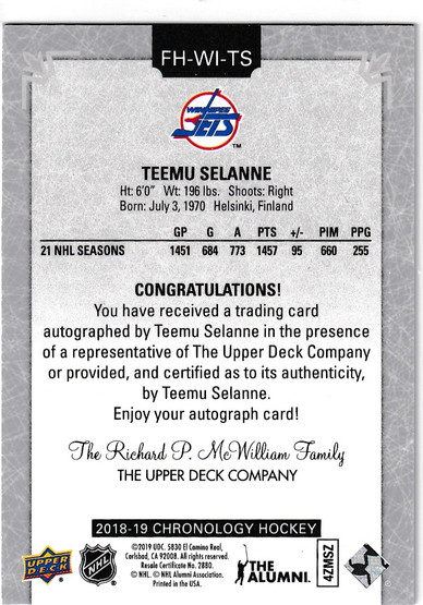  2018-19 Chronology Franchise History Autographs #FHWITS Teemu Selanne C