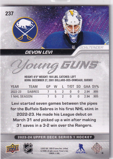  2023-24 Upper Deck #237 Devon Levi YG RC