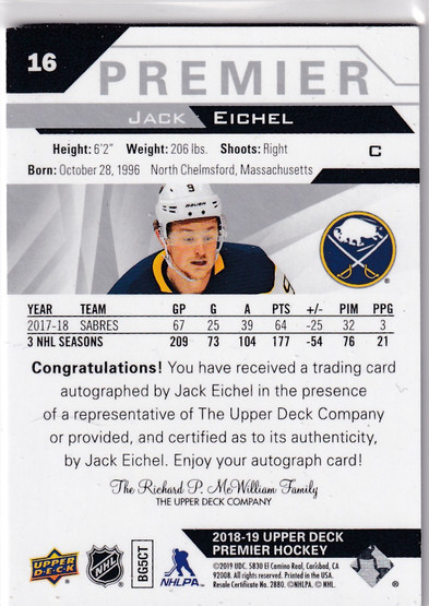  2018-19 Upper Deck Premier Silver Spectrum #16 Jack Eichel AU/25