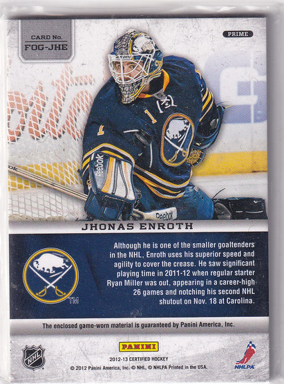  2012-13 Certified Fabric of the Game Mirror Gold Prime #FOGJHE Jhonas Enroth /25