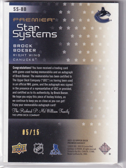  2021-22 Upper Deck Premier Star Systems Patch Autographs Gold #SSBB Brock Boeser/15