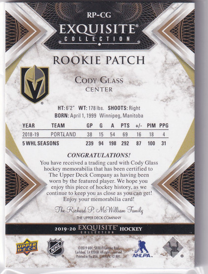 2019-20 Exquisite Collection Rookie Patches Gold Spectrum #RPCG Cody Glass/25