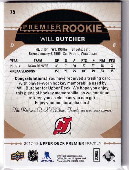  2017-18 Upper Deck Premier Jerseys Premium Materials #75 Will Butcher/36