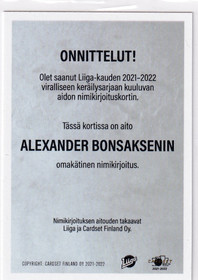 2021-22 Cardset Signature Alexander Bonsaksen /125