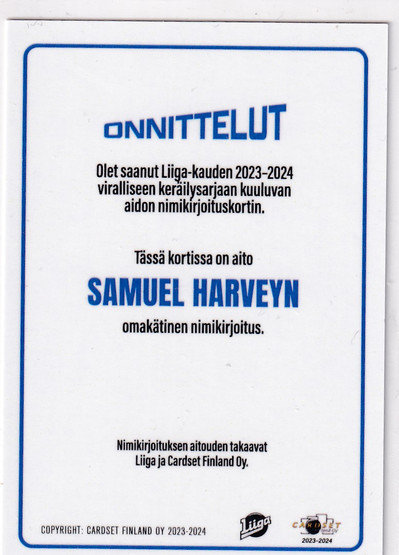 2023-24 Cardset Signature Samuel Harvey /100