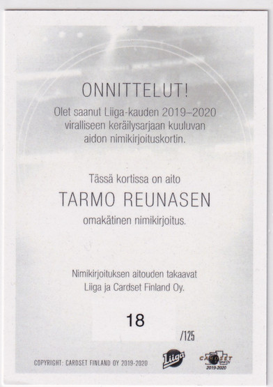 2019-20 Cardset Signature Tarmo Reunanen /125