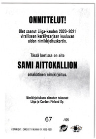 2020-21 Cardset Signature Sami Aittokallio /125