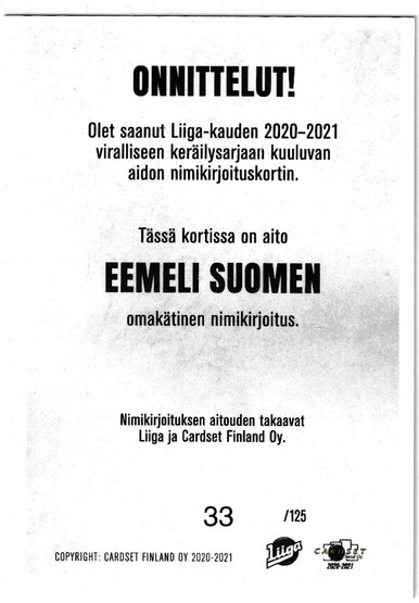 2019-20 Cardset Signature Oskari Setänen /125