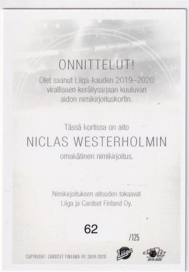 2019-20 Cardset Signature Niclas Westerholm /125