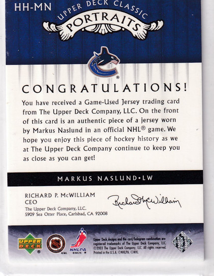  2003-04 Upper Deck Classic Portraits Headliners #HHMN Markus Naslund
