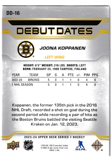  2023-24 Upper Deck Debut Dates #DD16 Joona Koppanen