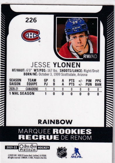  2021-22 O-Pee-Chee Platinum Rainbow #226 Jesse Ylonen