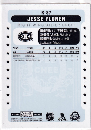  2021-22 O-Pee-Chee Platinum #226 Jesse Ylonen RC