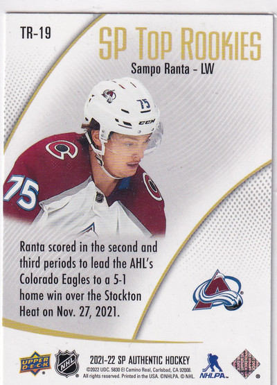  2021-22 SP Authentic Top Rookies #TR19 Sampo Ranta