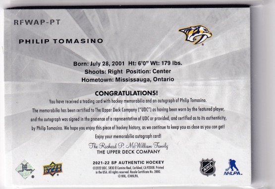  2021-22 SP Authentic '11-12 Retro Future Watch Patch Autographs #RFWAPPT Philip Tomasino/99