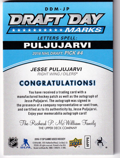  2016-17 SP Game Used Draft Day Marks #DDMJP Jesse Puljujarvi/35