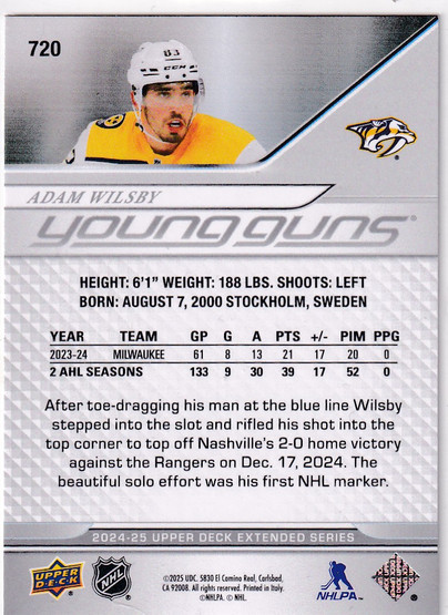  2024-25 Upper Deck #720 Adam Wilsby YG RC